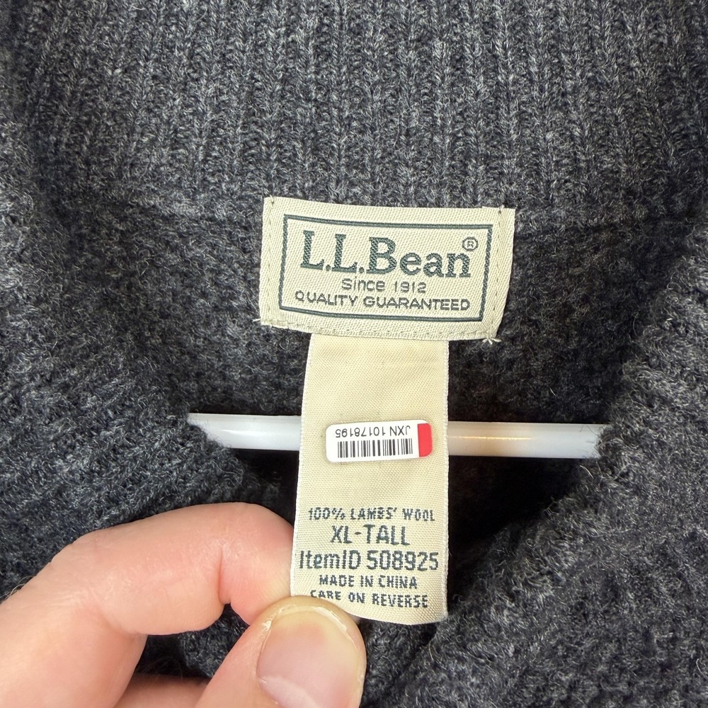 L.L.Bean Sweater Mens XLT Tall Gray Henley Mock Neck Wool Waffle Knit Pullover - Picture 4 of 9